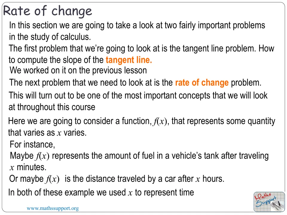 Calculus introduction: tangent line problem recap, then f(x) as fuel in a tank or car distance, with x as time