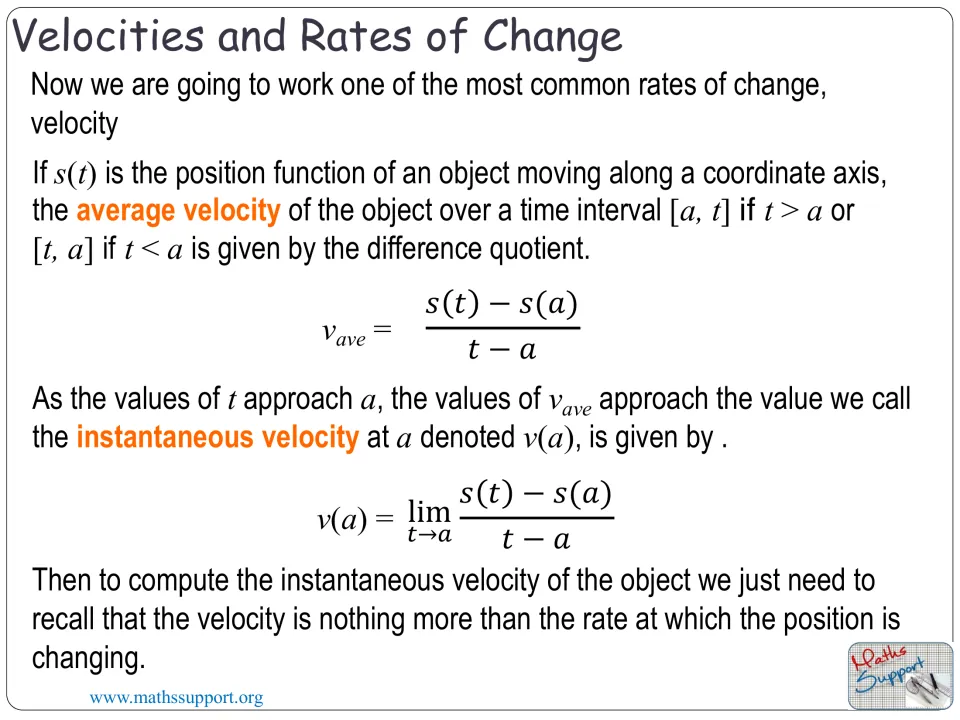 Velocity as a rate: average velocity as a difference quotient of s(t), and instantaneous velocity v(a) as a limit