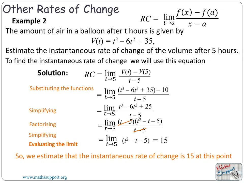 Worked Example 2: instantaneous rate for balloon volume V(t) = t^3 - 6t^2 + 35 at 5 hours, solved by factoring a limit