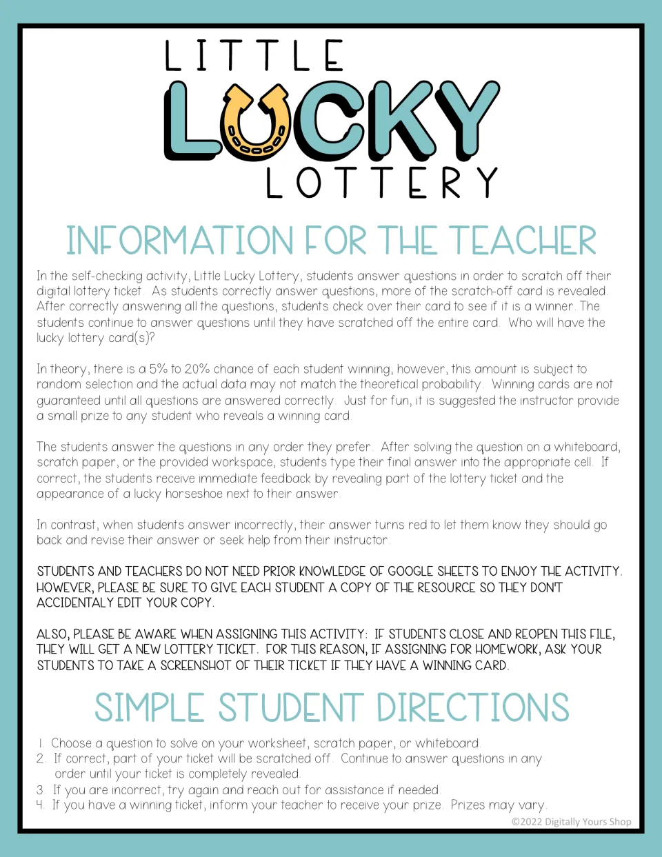 Teacher instructions for the digital lottery activity explain answer feedback, student copies, and winning tickets.