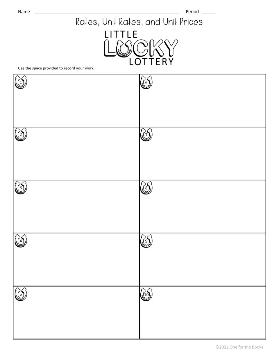 Work recording sheet for problems 1–10 in the digital activity on rates, unit rates, and unit prices.