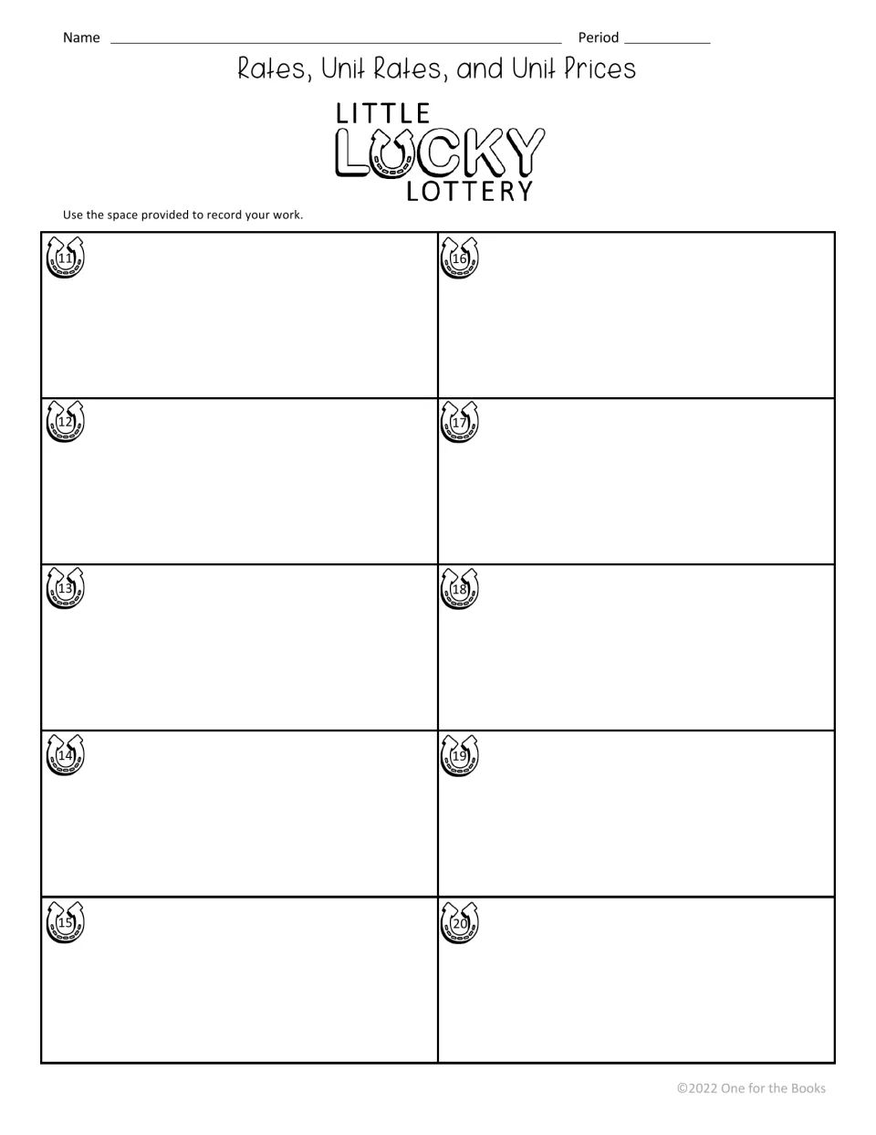 Work recording sheet for problems 11–20 in the digital activity on rates, unit rates, and unit prices.