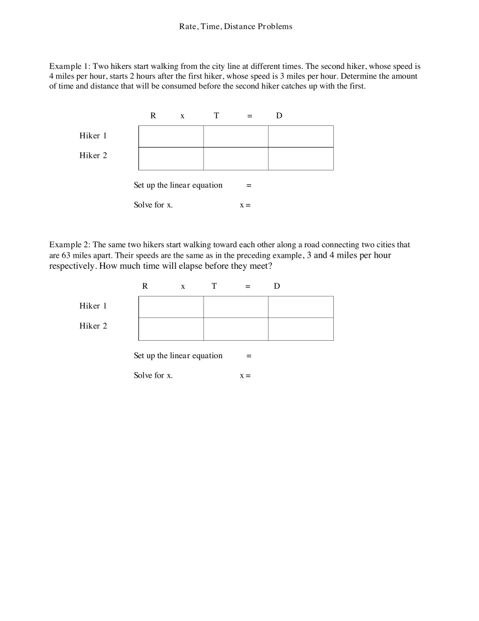 Hiker examples: students fill an R x T = D table, set up a linear equation and solve for x for catch-up and meeting time
