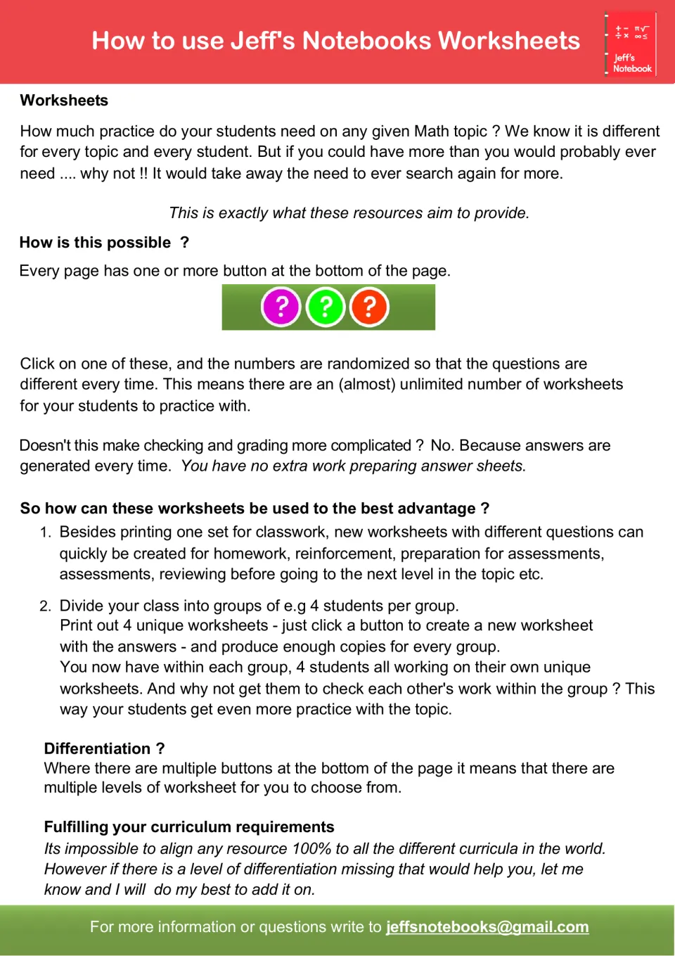 How to use Jeff's Notebooks Worksheets: click buttons to randomize numbers for new sheets and answers, plus group-use tips
