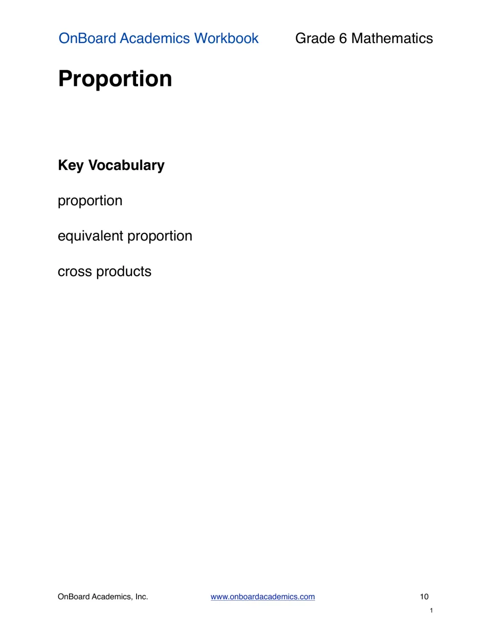 Proportion unit opener listing key vocabulary words: proportion, equivalent proportion and cross products