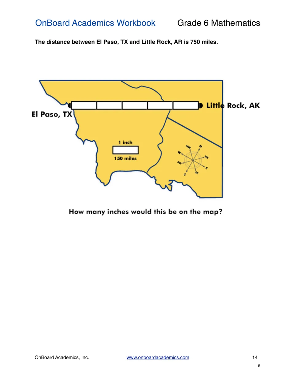 Map scale reverse problem: El Paso to Little Rock is 750 miles; students work out how many inches it would be on the map