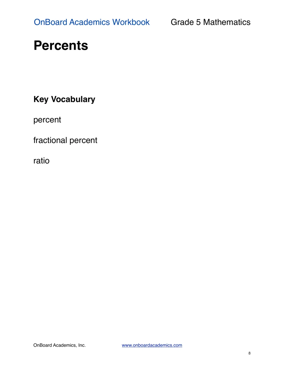 Percents section opener with key vocabulary words percent, fractional percent and ratio for students to learn first