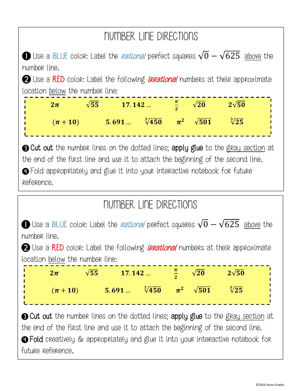 Number line directions: label perfect square roots √0 to √625 in blue and place irrational numbers like 2π and √55 in red