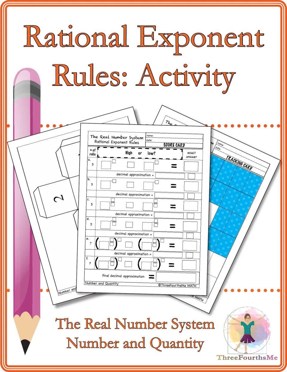 Cover of a rational exponent rules dice game showing its score card, tracking card and number cube net