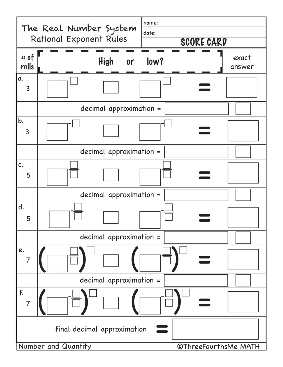 Score card: six rounds combining same-base powers with negative and fractional exponents, noting exact and decimal answers