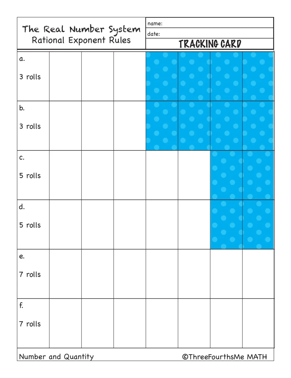 Tracking card for logging die rolls in six rounds of 3, 5 and 7 rolls before choosing bases and exponents