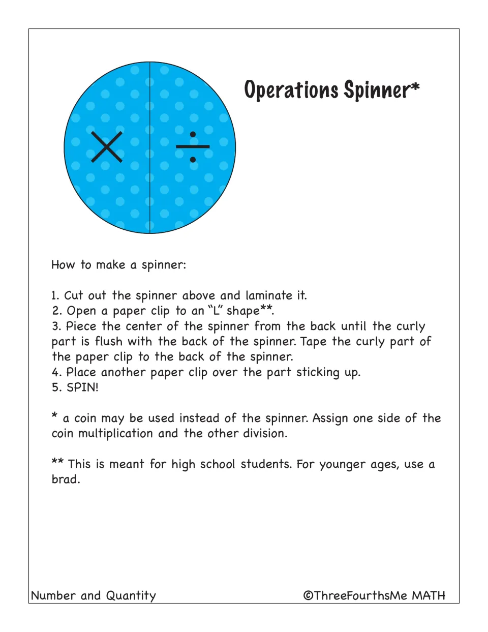 Operations spinner split into multiplication and division, with steps for making it from a paper clip; a coin works too
