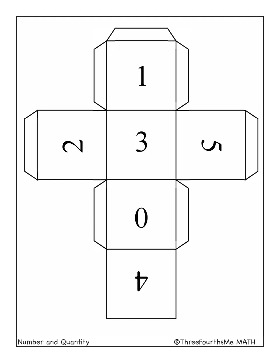 Number cube net to cut out and fold, with faces numbered 0 to 5 for rolling base and exponent values