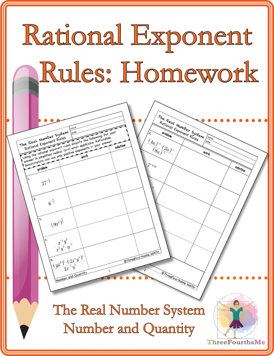 Rational Exponent Rules: Homework cover for The Real Number System unit, previewing two pages of exponent problems
