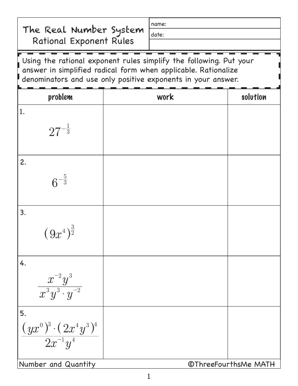 Rational exponents: students simplify 5 expressions such as 27^(-1/3) and (9x^4)^(3/2), using positive exponents only