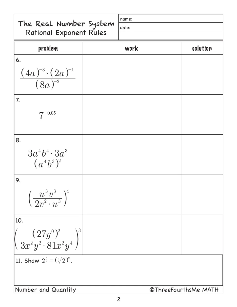 Rational exponents: students simplify problems 6-10 like 7^(-0.05), then show 2^(2/3) equals cube root of 2 squared