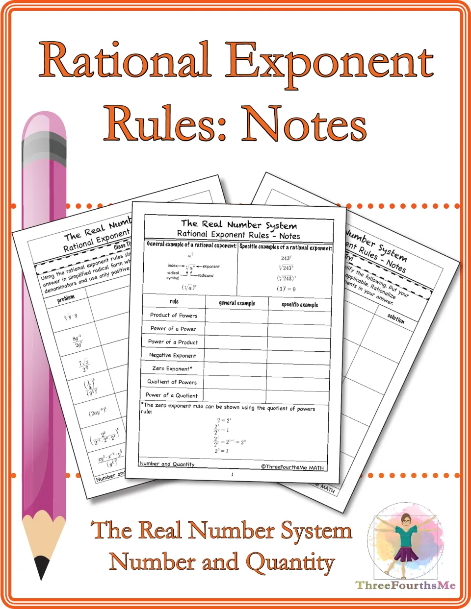 Rational Exponent Rules: Notes cover for The Real Number System, Number and Quantity, with previews of the notes pages