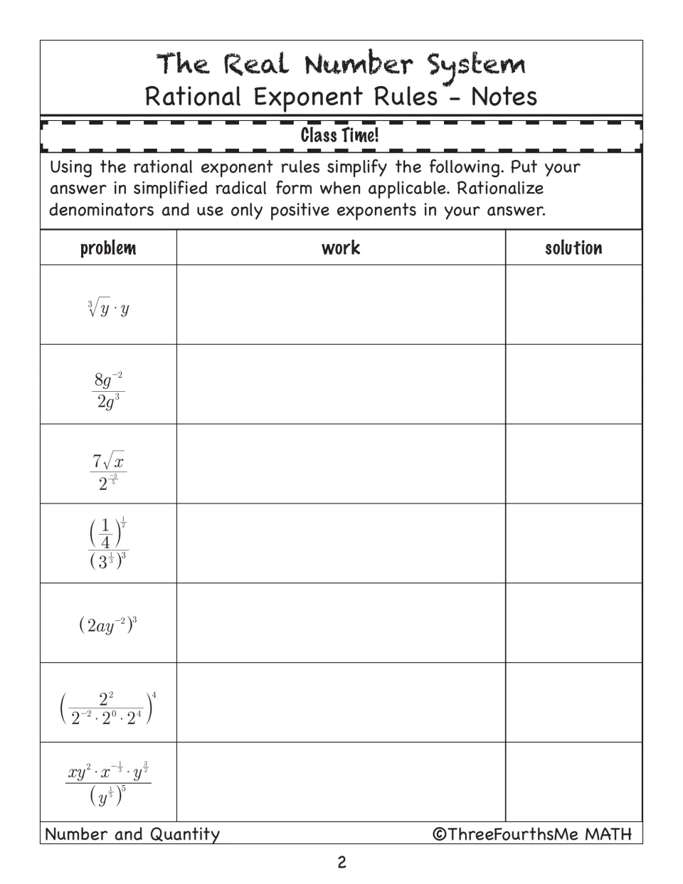 Class Time! practice: students simplify seven exponent expressions, writing answers in radical form with positive exponents