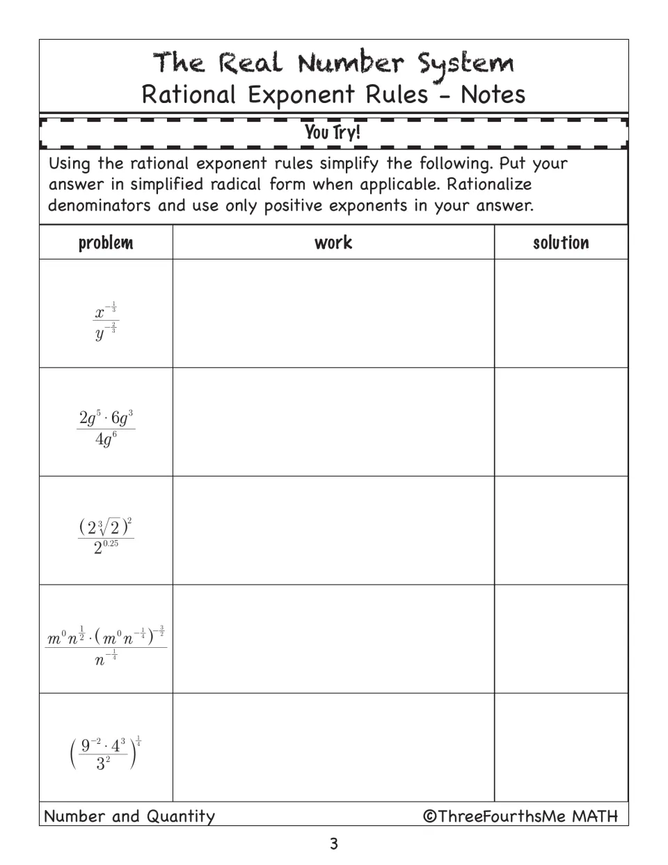 You Try! practice: students simplify five rational exponent expressions, rationalizing denominators and removing negatives