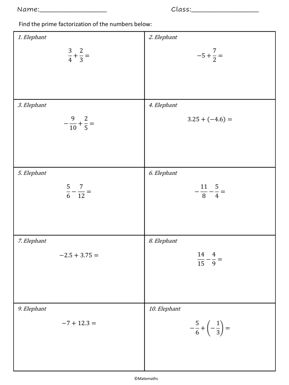 Elephant set: students add and subtract positive and negative fractions and decimals, such as 3/4 + 2/3 and -7 + 12.3