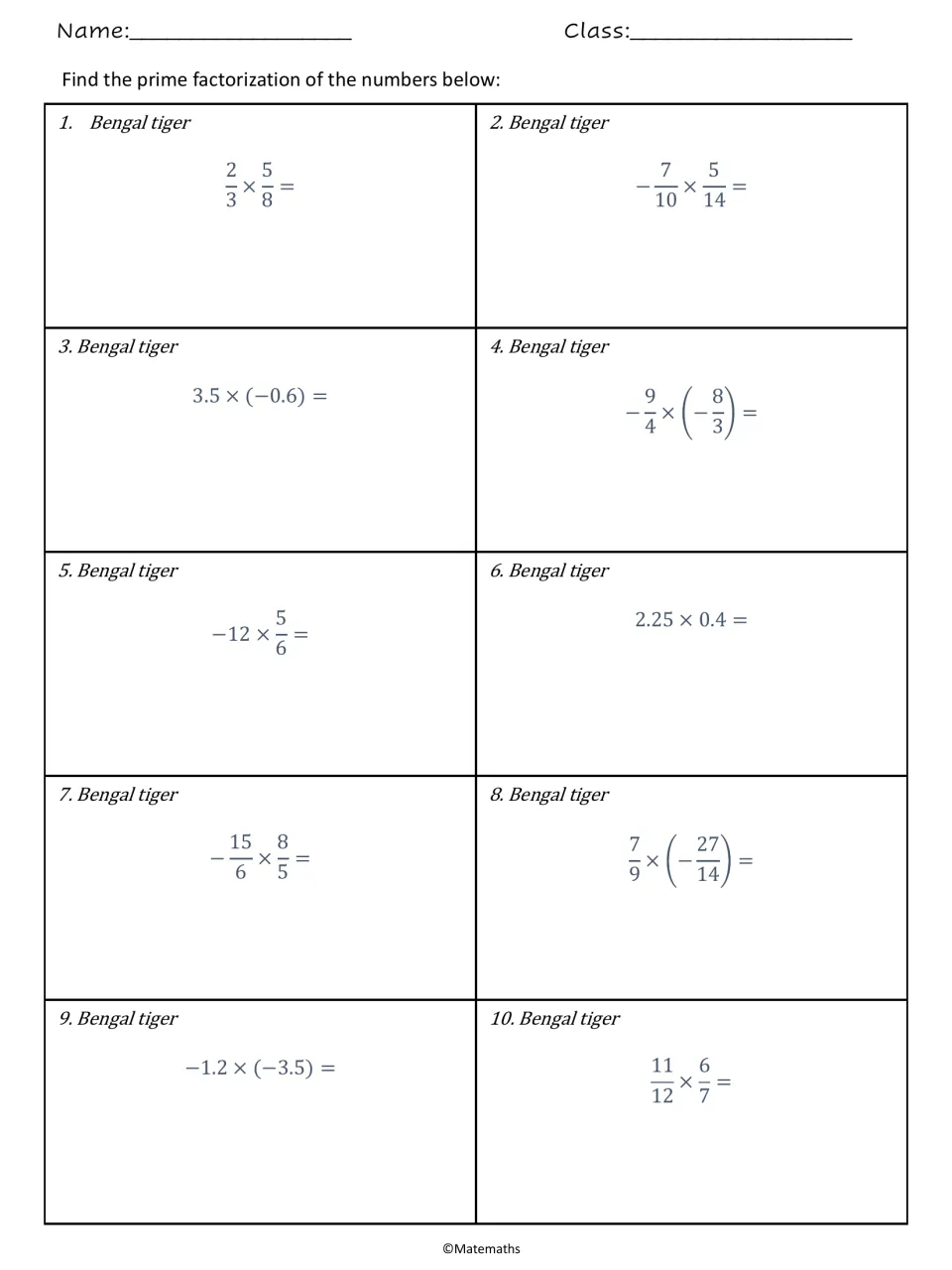 Bengal tiger set: students multiply signed fractions and decimals, such as 2/3 x 5/8, 3.5 x (-0.6) and -1.2 x (-3.5)