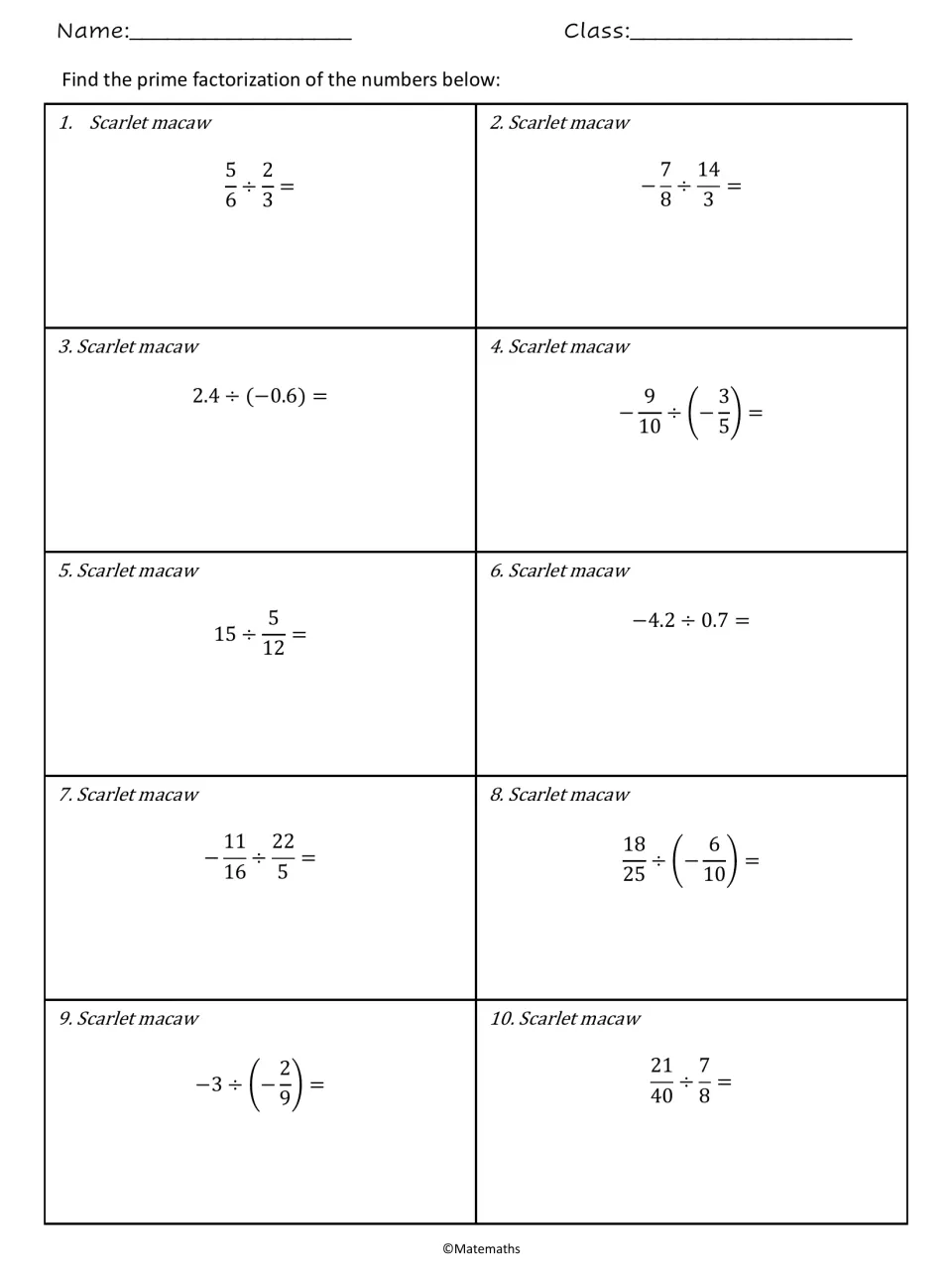 Scarlet macaw set: students divide signed fractions and decimals, such as 5/6 ÷ 2/3, 2.4 ÷ (-0.6) and -3 ÷ (-2/9)