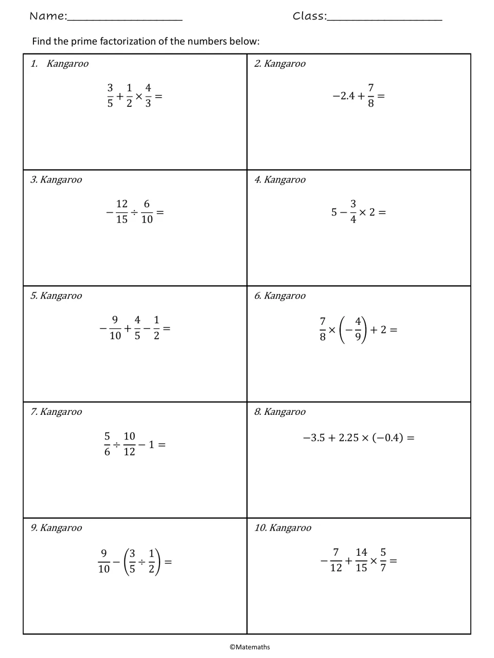 Kangaroo set: students apply order of operations to mixed rational expressions, such as 3/5 + 1/2 x 4/3 and 5 - 3/4 x 2
