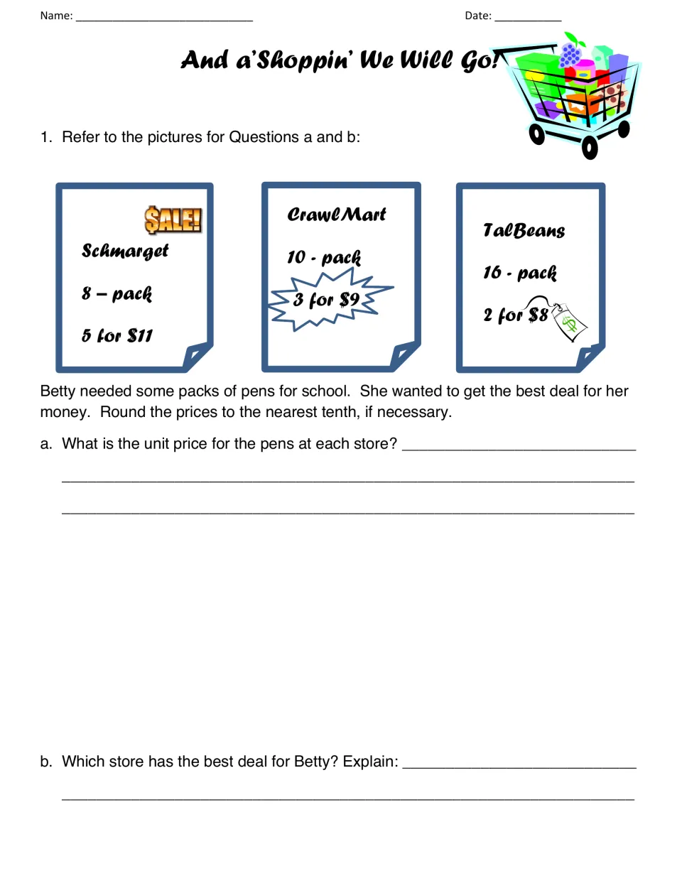Quiz problem 1: compare pen prices at Schmarget, CrawlMart, and TalBeans to find unit prices and the best deal