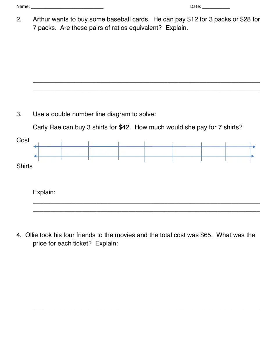 Quiz problems 2–4: equivalent baseball card ratios, shirt costs on a double number line, and movie ticket prices