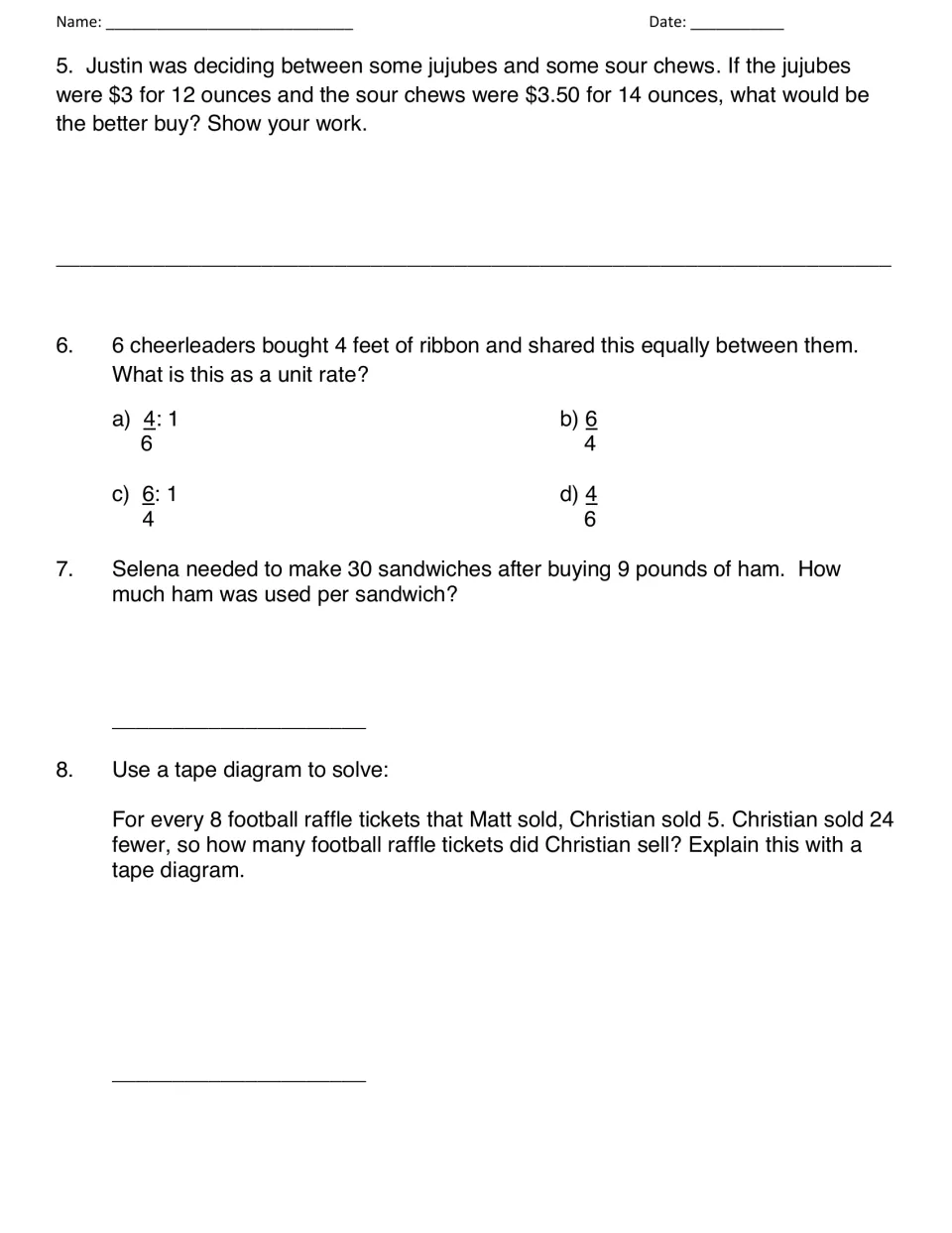 Quiz problems 5–8: candy prices, ribbon per cheerleader, ham per sandwich, and raffle tickets using a tape diagram