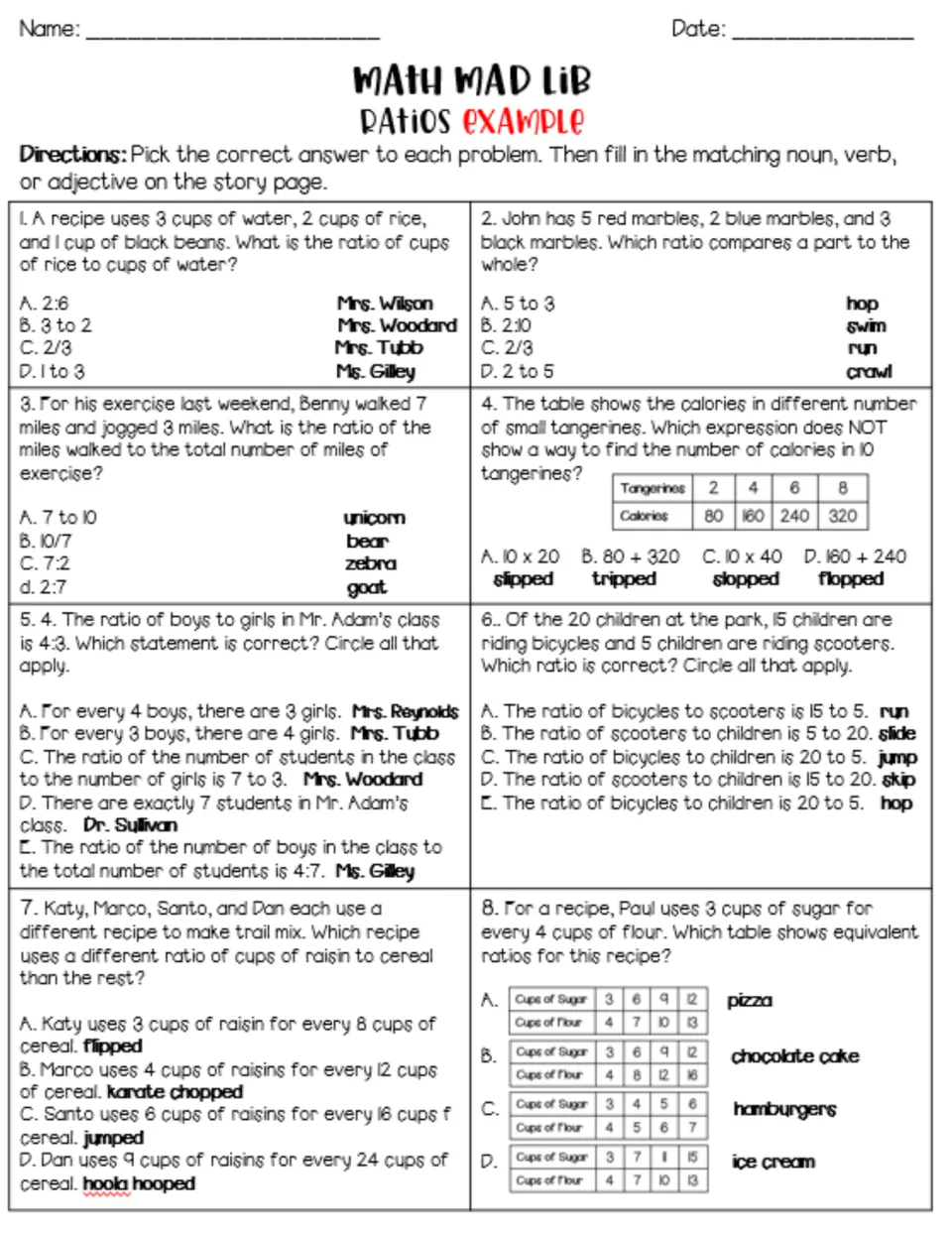 Example ratio practice: eight problems pair answer choices with story words, including unicorn and swim