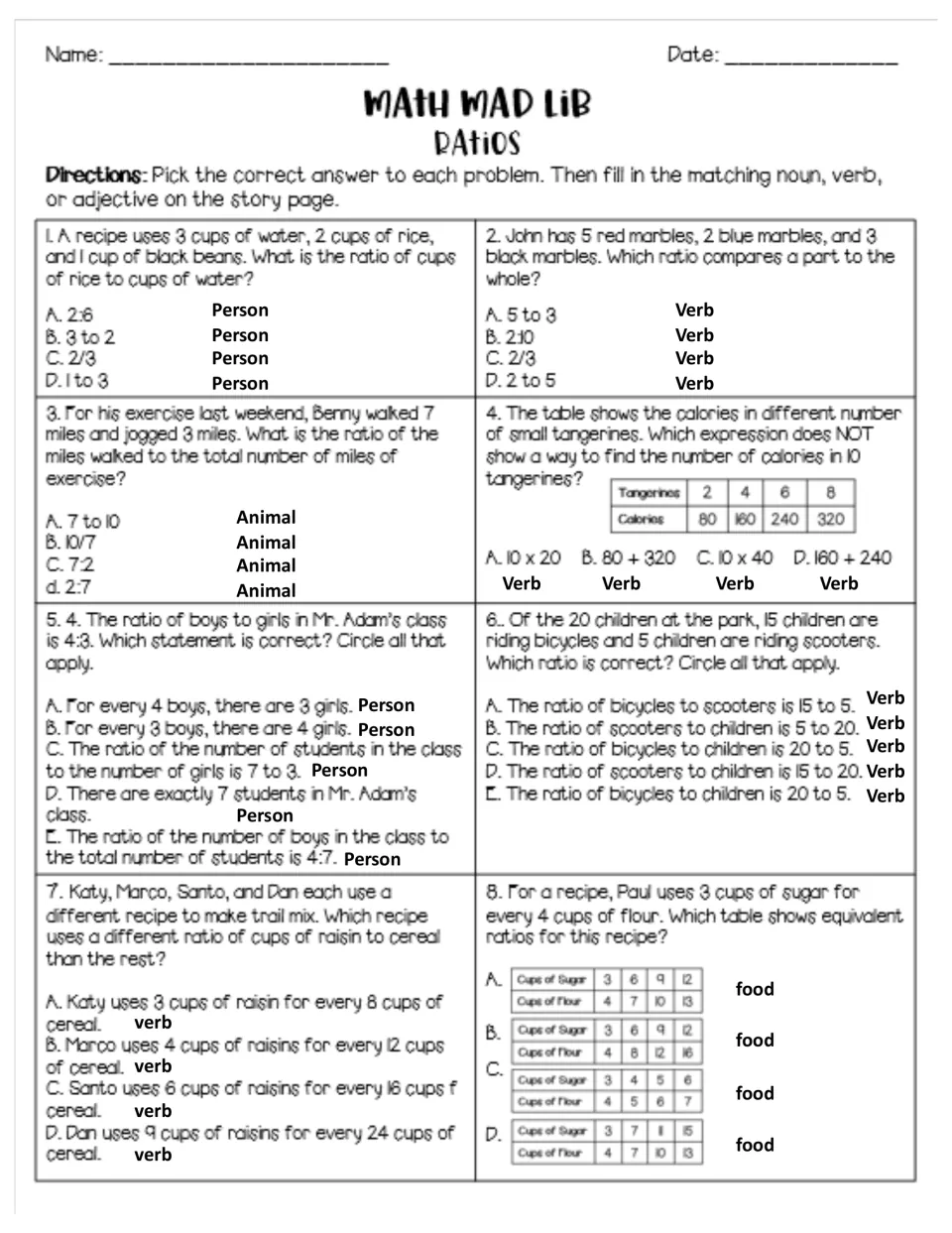 Customizable ratio practice: eight problems label story word choices as person, verb, animal, or food