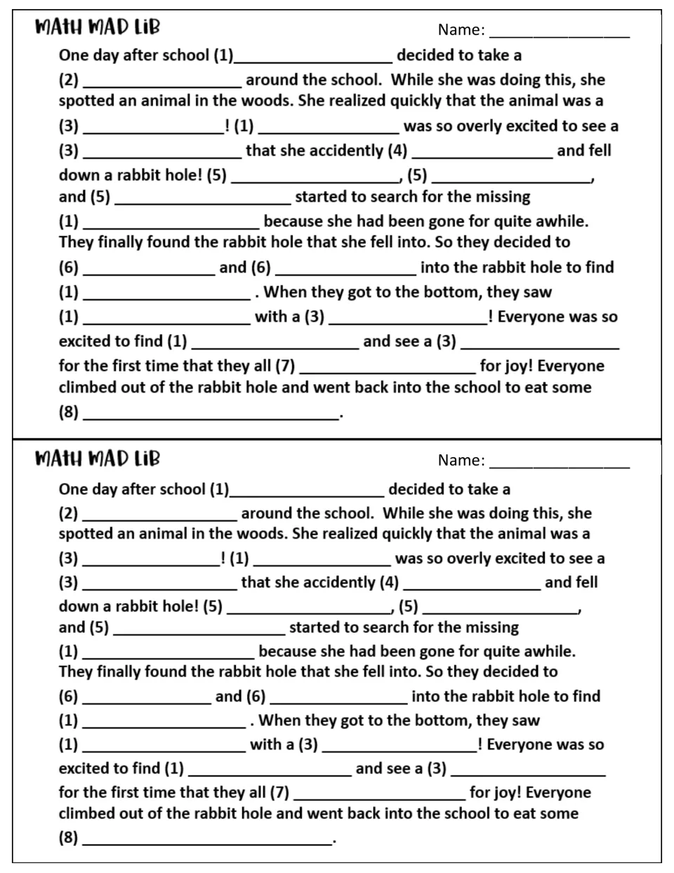 Two copies of the fill-in story about an animal sighting and a rabbit hole, using answers from problems 1–8