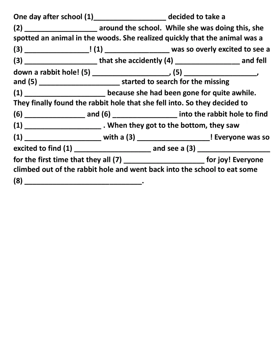 Full-page fill-in story uses answers from eight ratio problems to tell an adventure involving a rabbit hole