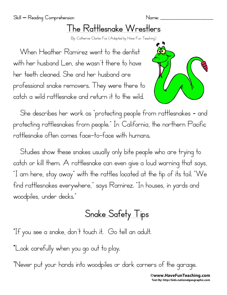 Reading passage about Heather and Len removing wild rattlesnakes, followed by three snake safety tips