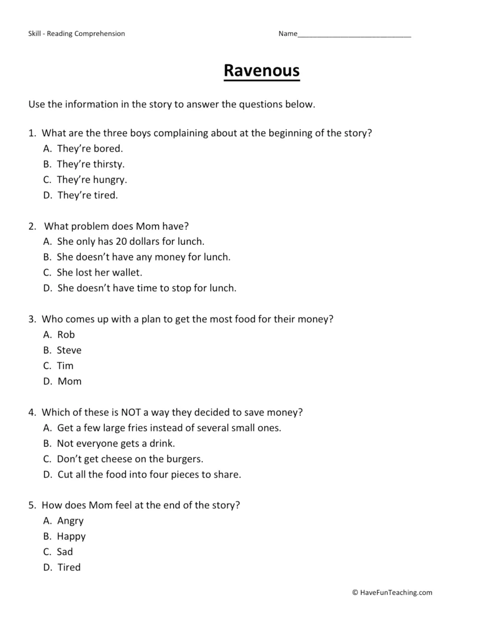 Five multiple-choice story questions ask about the boys' hunger, Mom's budget, Steve's plan, and saving money.