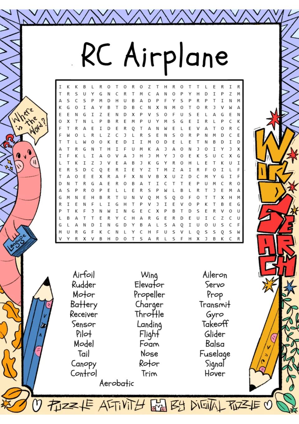 RC airplane word search: students find 34 hidden aviation words such as aileron, propeller, fuselage and throttle