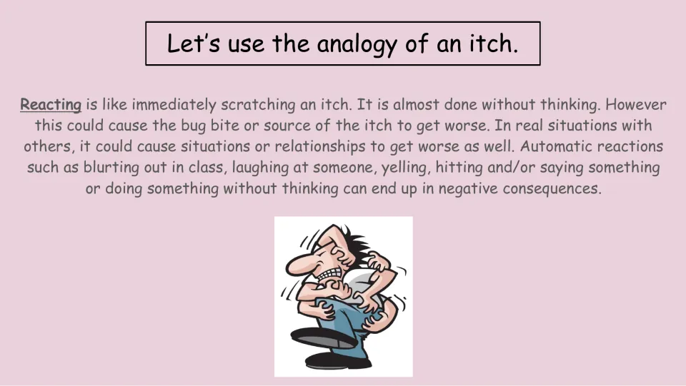 Lesson slide comparing reacting to scratching an itch, with examples of blurting, yelling, and hitting