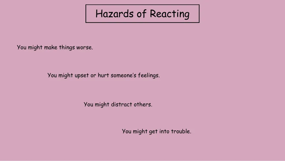Lesson slide listing hazards of reacting: making things worse, hurt feelings, distractions, and trouble