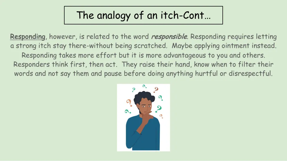 Lesson slide extending the itch analogy to responding: think first, raise your hand, and pause before acting