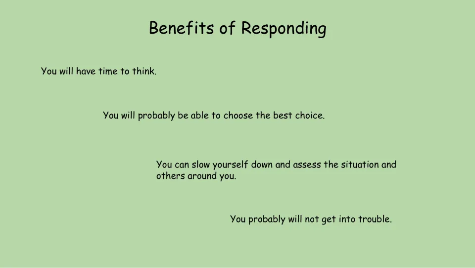 Lesson slide listing benefits of responding: time to think, choose well, assess situations, and avoid trouble