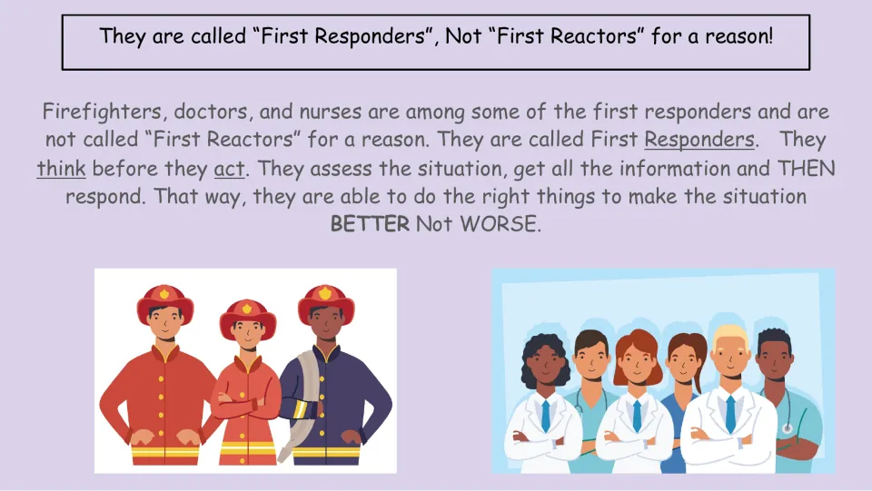 Lesson slide using firefighters, doctors, and nurses as examples of thinking and assessing before responding