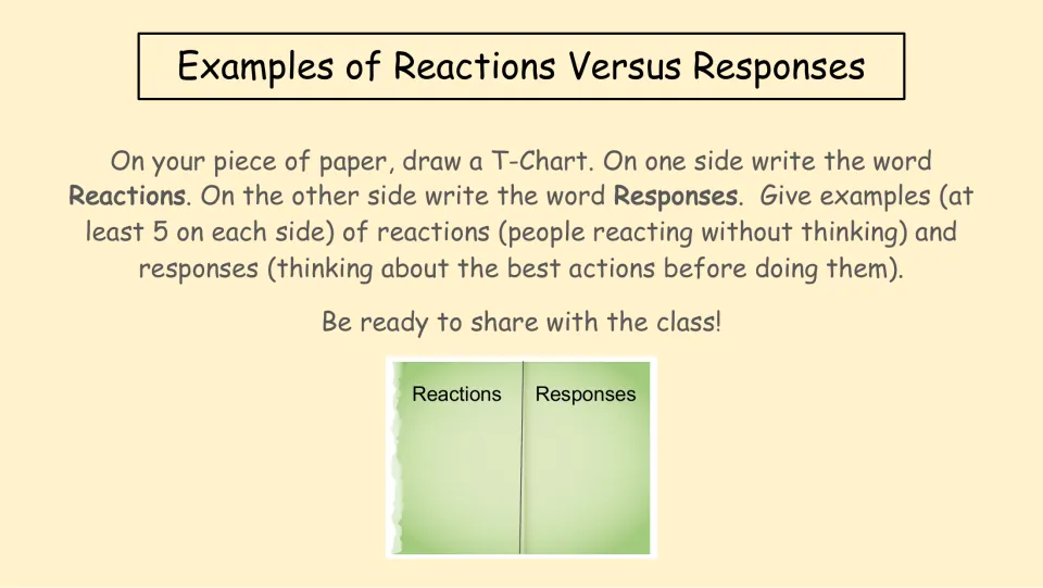 Lesson activity asking students to draw a T-chart and list at least five reactions and five responses