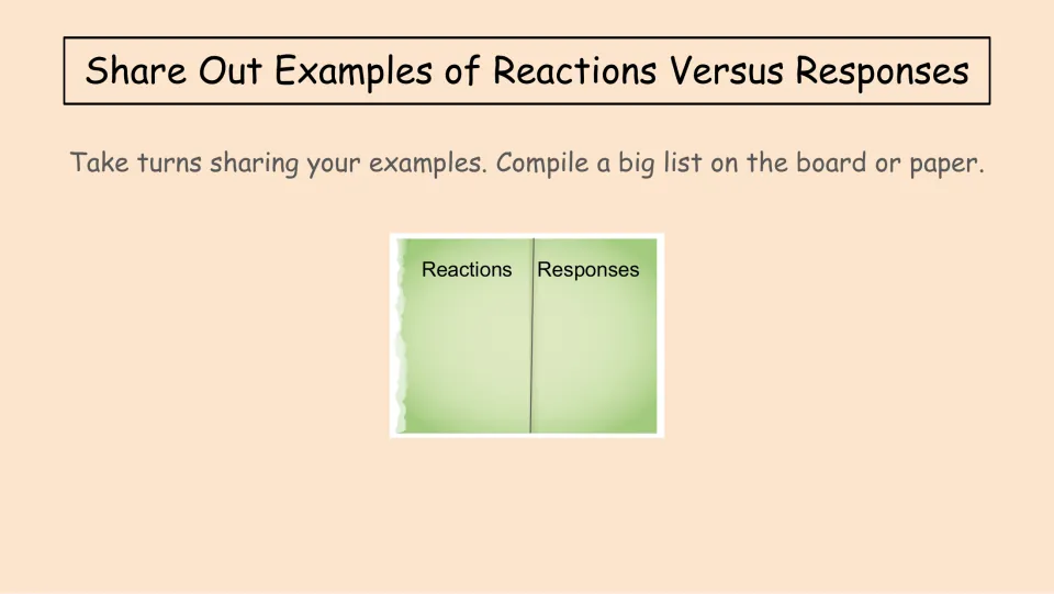 Lesson sharing slide asking students to take turns giving reaction and response examples for a class list