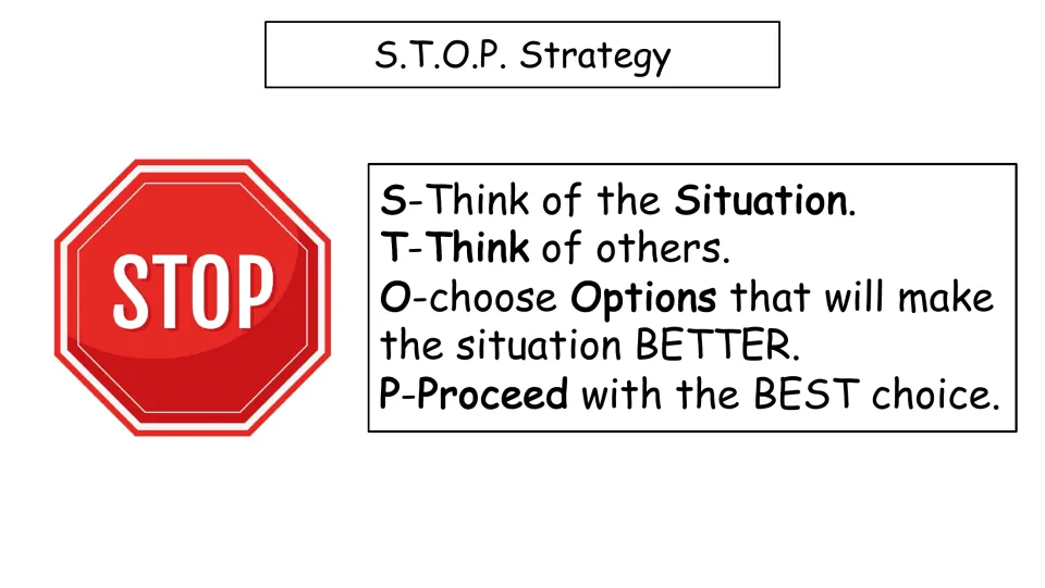 Lesson strategy slide: S.T.O.P. means think of the situation, think of others, choose options, and proceed