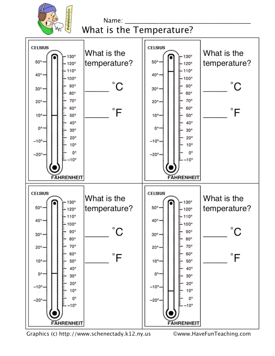 What is the Temperature?: students read four Celsius and Fahrenheit thermometers and write each temperature in °C and °F