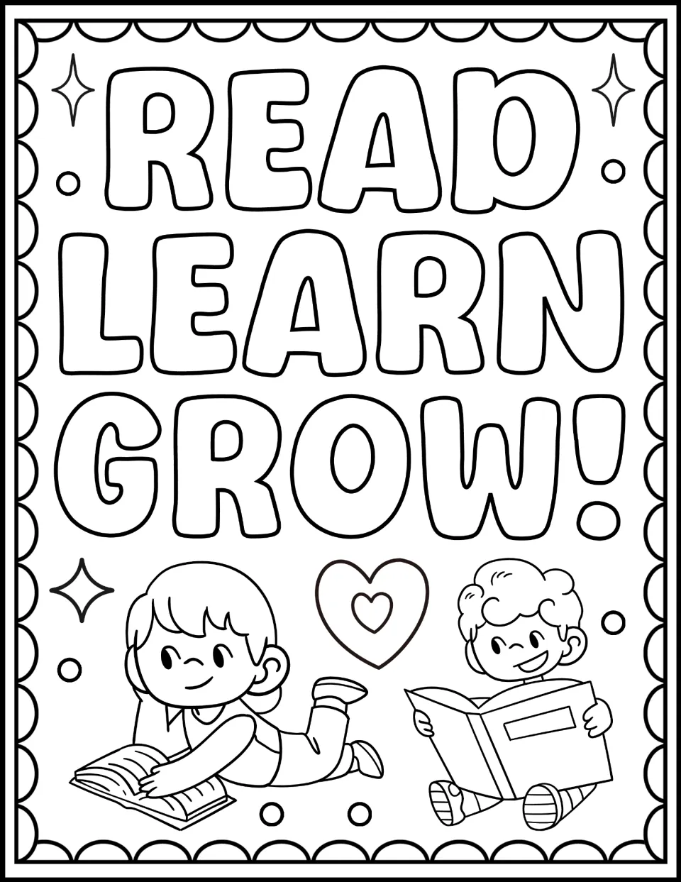 Read Learn Grow! coloring page: students color bubble letters, a girl reading on the floor and a boy holding a big book