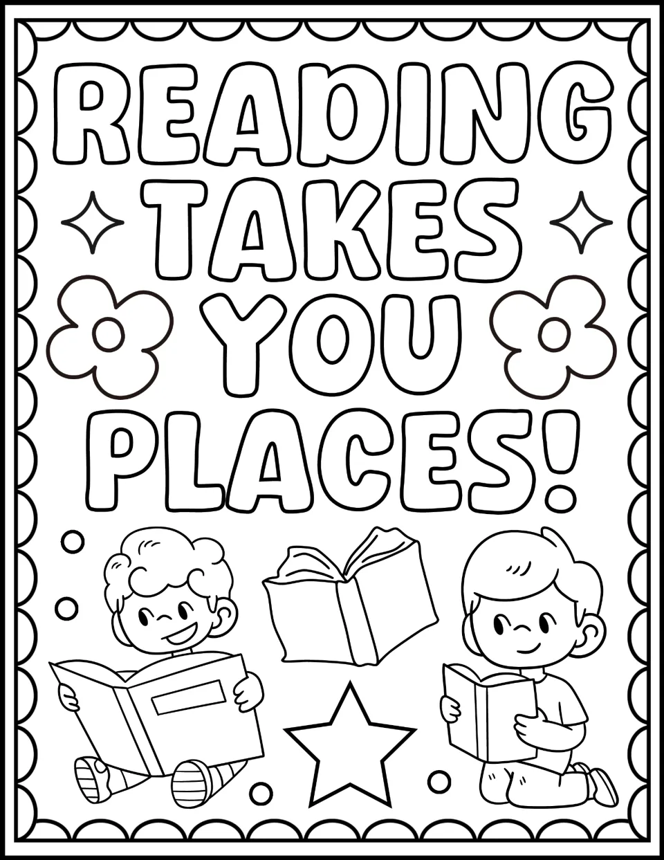 Reading Takes You Places! coloring page: students color the slogan, two boys reading, an open book and a star