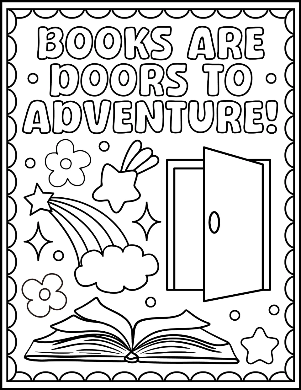 Books Are Doors to Adventure! coloring page: students color an open door, an open book, a rainbow and shooting stars