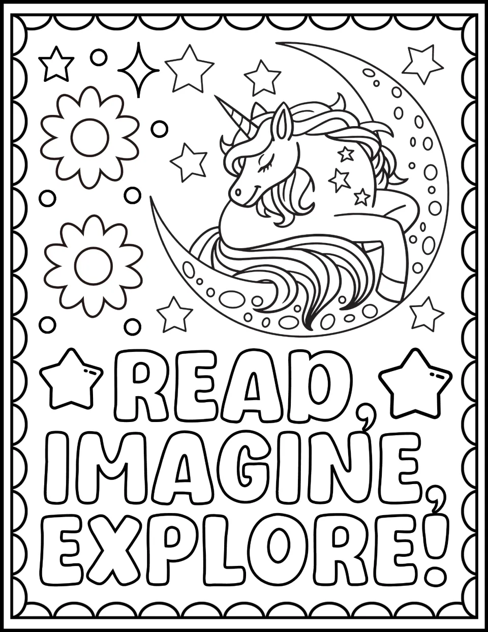 Read, Imagine, Explore! coloring page: students color a unicorn resting on a crescent moon among stars and flowers